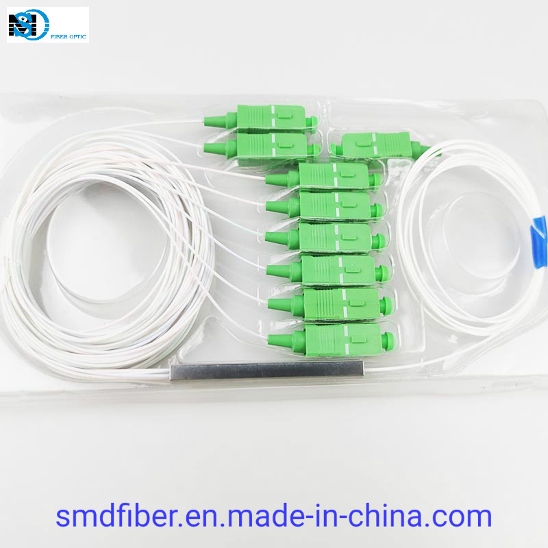 1*8 Steel Tube Mini Type G652D 0.9mm Fiber Optic PLC Splitter 1.5m