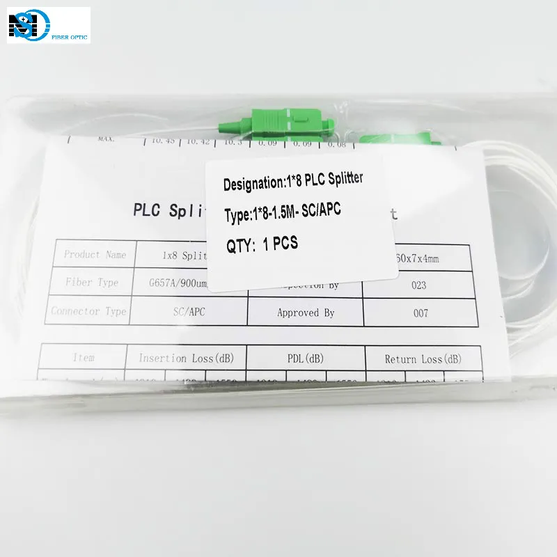 1*8 Steel Tube Mini Type G652D 0.9mm Fiber Optic PLC Splitter 1.5m