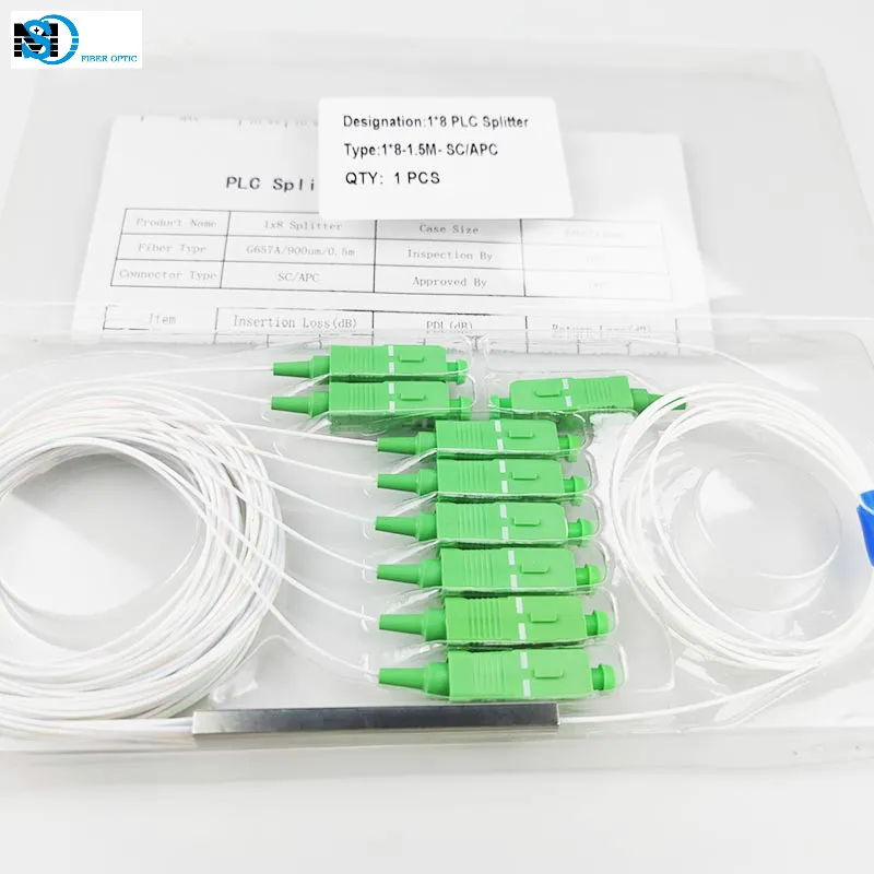1*8 Steel Tube Mini Type G652D 0.9mm Fiber Optic PLC Splitter 1.5m