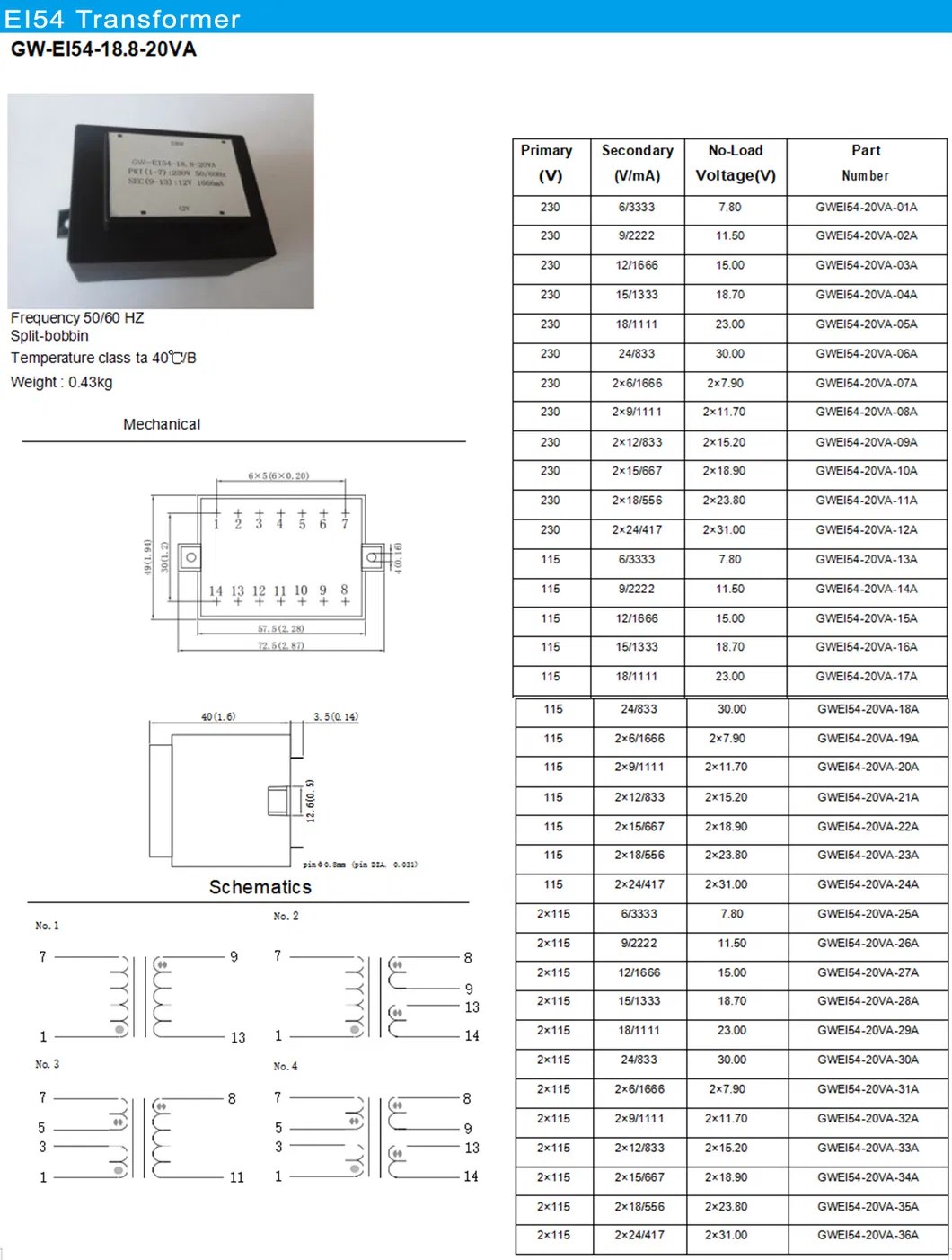 10V 220V 4W 8W 50/60Hz AC Water Pump Ei Transformer