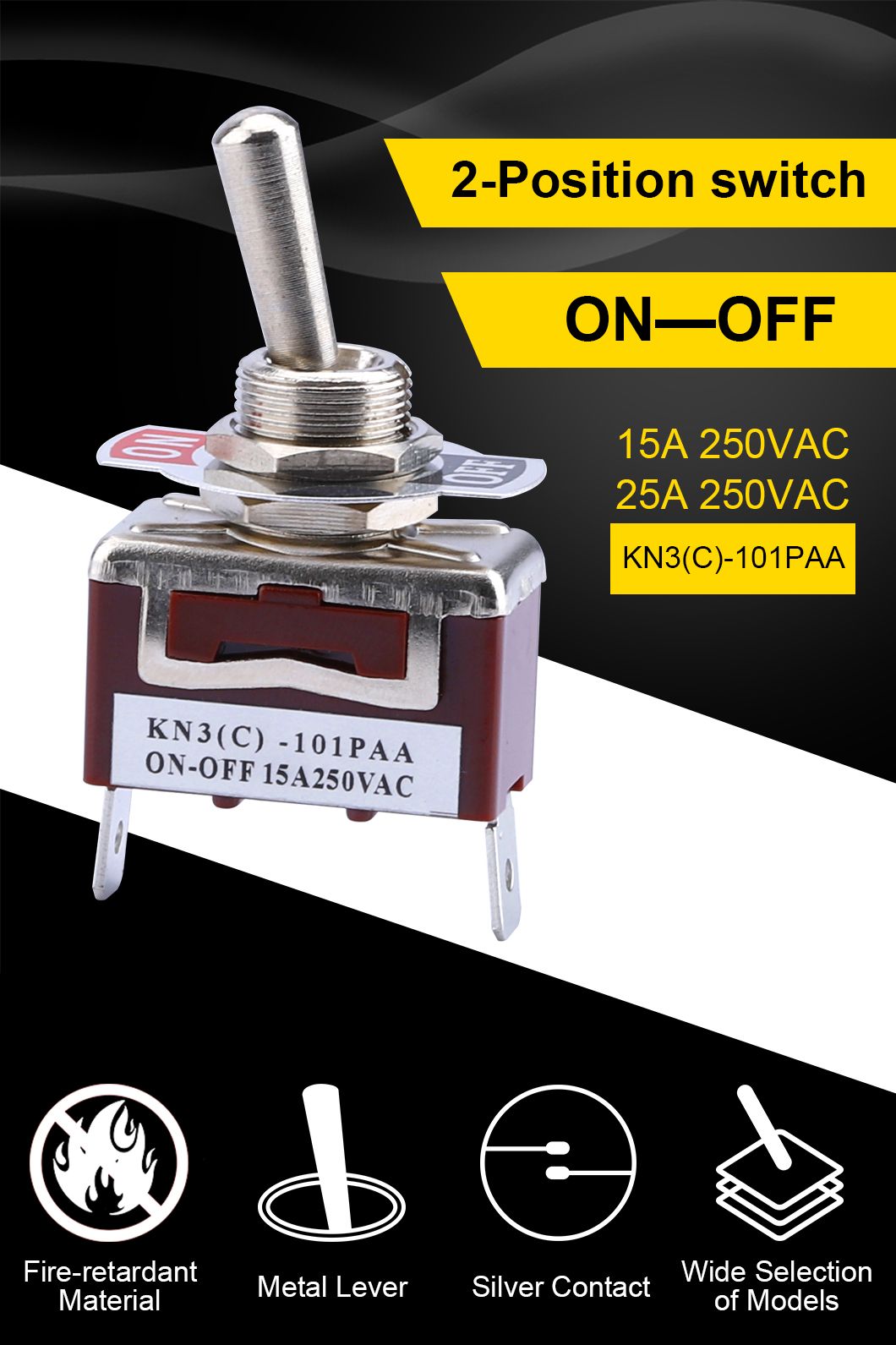 12mm on-off Latching 2 Positions Dpdt Double Pole Double Throw 2 Pin 15A 250VAC Car Toggle Switch