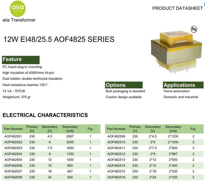 12va Ei48/25.5 Shroud Varnished PCB Printed-Circuit-Board Transformer