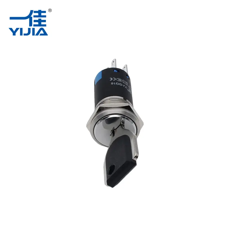 Which positions are typically used on a three way key switch for machine safety circuits