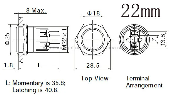 22mm Push Button Switch Blue Quick Connector Socket with Wire