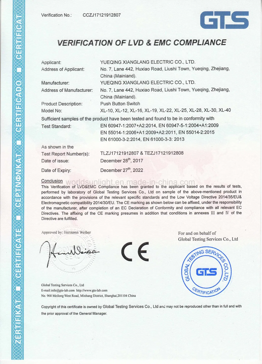 22mm Push Button Switch Blue Quick Connector Socket with Wire