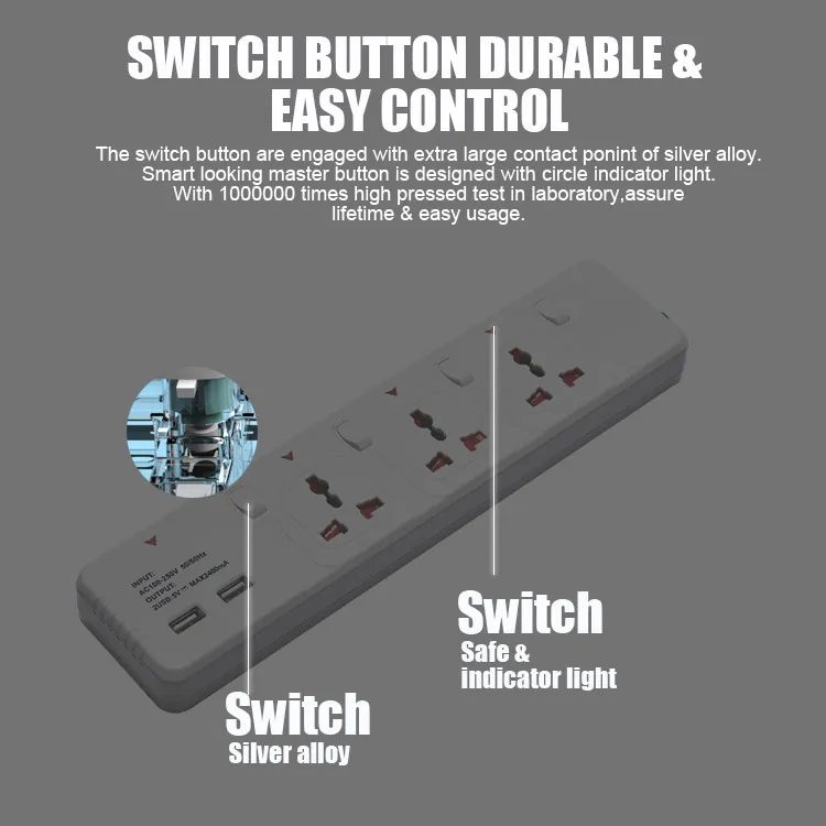 2400mA Hospital Poka 1PC/Blister Card, 24PCS/Carton Power Strip Extension Switch Socket