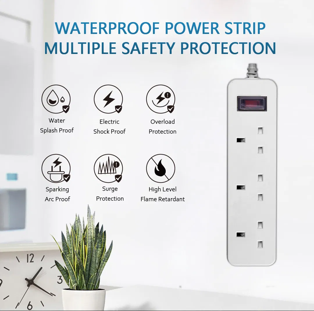 3 AC Outlets Waterproof UK Power Strip Overload Protection Extension Socket Lead