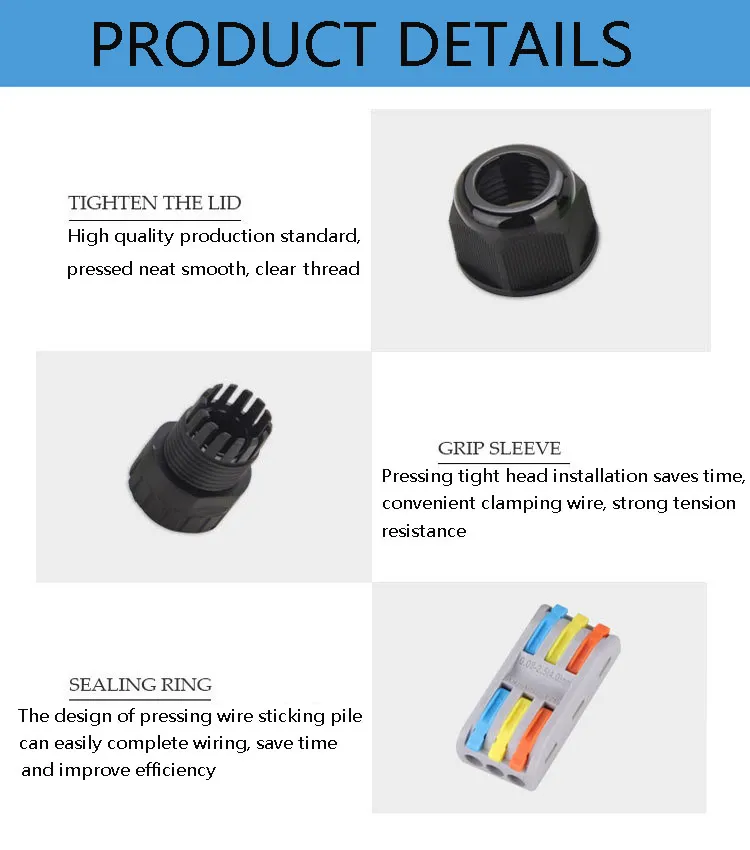 3 Pin Screwless Waterproof LED Outdoor Lighting Connector IP68 Waterproof 5-12mm/10-14mm Electrical Cable Junction Box