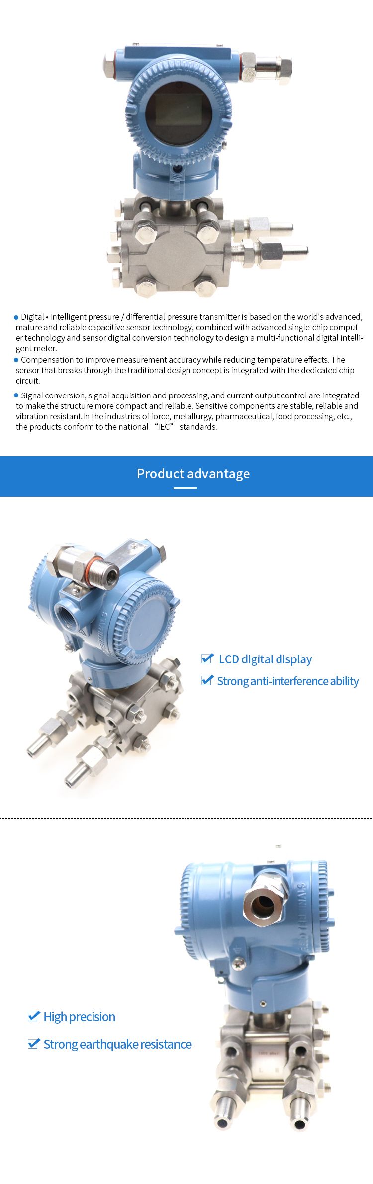 3051 Pressure Measuring Instruments Smart LNG Differential Pressure Transmitter RS485 Pressure Sensor 4~20mA