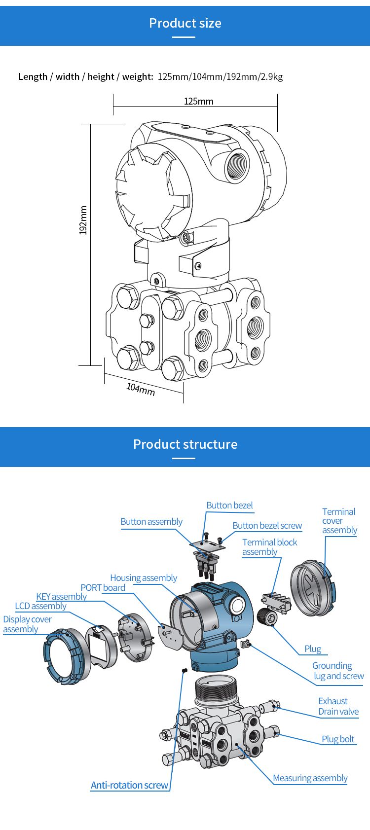 3051 Pressure Measuring Instruments Smart LNG Differential Pressure Transmitter RS485 Pressure Sensor 4~20mA