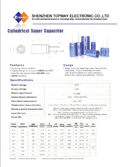 5.5V 1f Cylindrical Type Super Capacitor