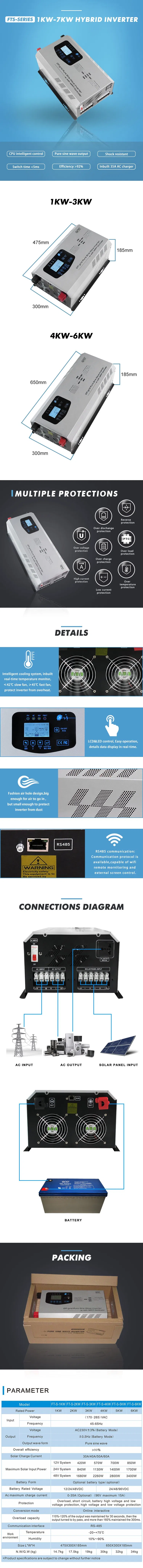 5kw Hybrid Solar Inverter 24V 48V 120V 220V off Grid Pure Sine Wave Inverter + 50A MPPT Solar Charge Controller + 35A AC Charger