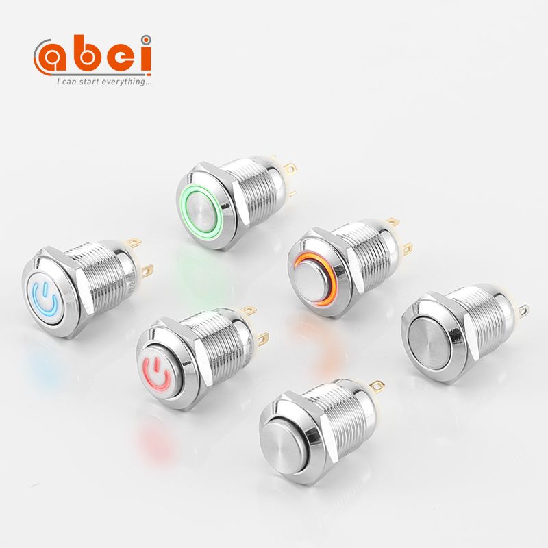 Abei 12mm Metal Waterproof Momentary Switch Flat Head Ring with LED 6V12V220V Small on off Push Button Switch