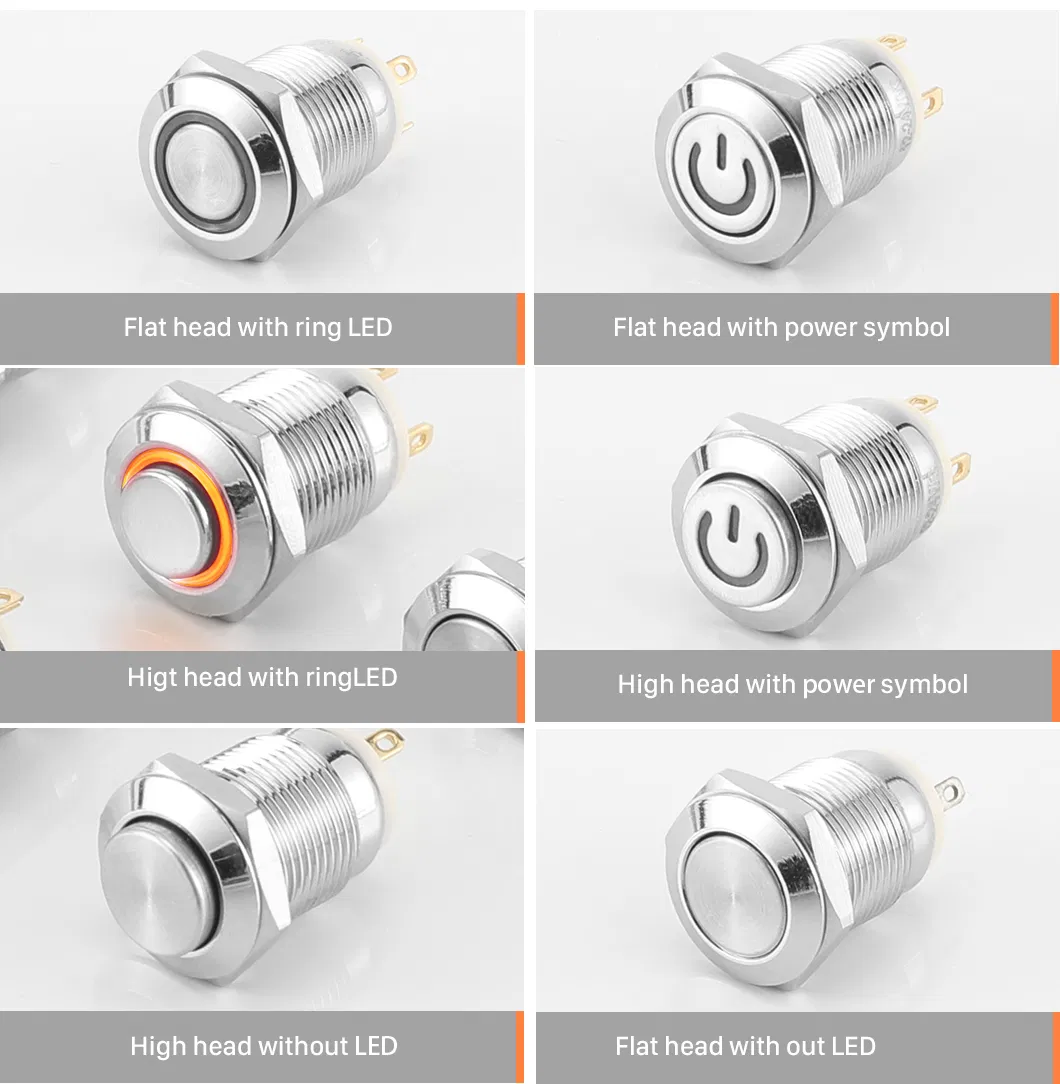 Abei 12mm Metal Waterproof Momentary Switch Flat Head Ring with LED 6V12V220V Small on off Push Button Switch