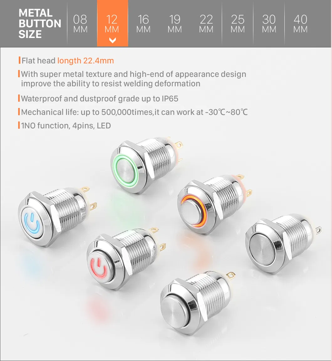 Abei 12mm Metal Waterproof Momentary Switch Flat Head Ring with LED 6V12V220V Small on off Push Button Switch