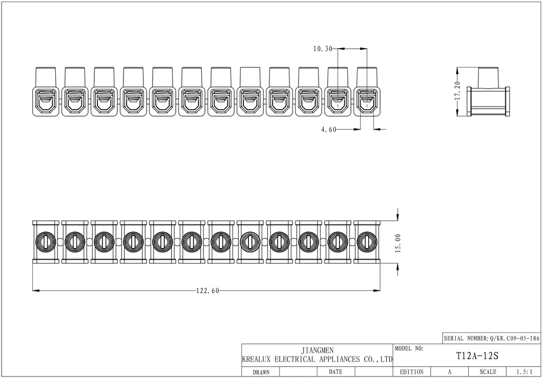 Beleks/Krealux T12A-12s (P) VDE 12 Ports/Poles/Ways Screw-Fixed Terminal Block/Strip/Barrier