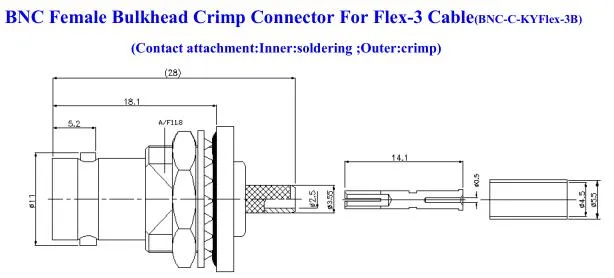 BNC Female Bulkhead Crimp RF Coaxial Connector for Flex-3 Cable