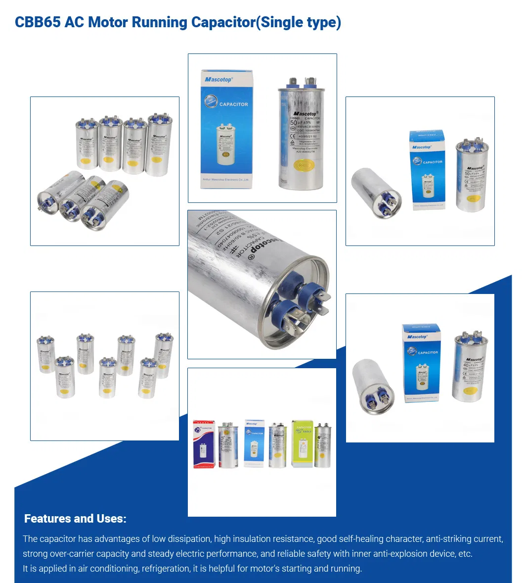 Cbb65 Air Conditioner Run Capacitor 50UF 450V Anhui Mascotop UL Aluminum Case
