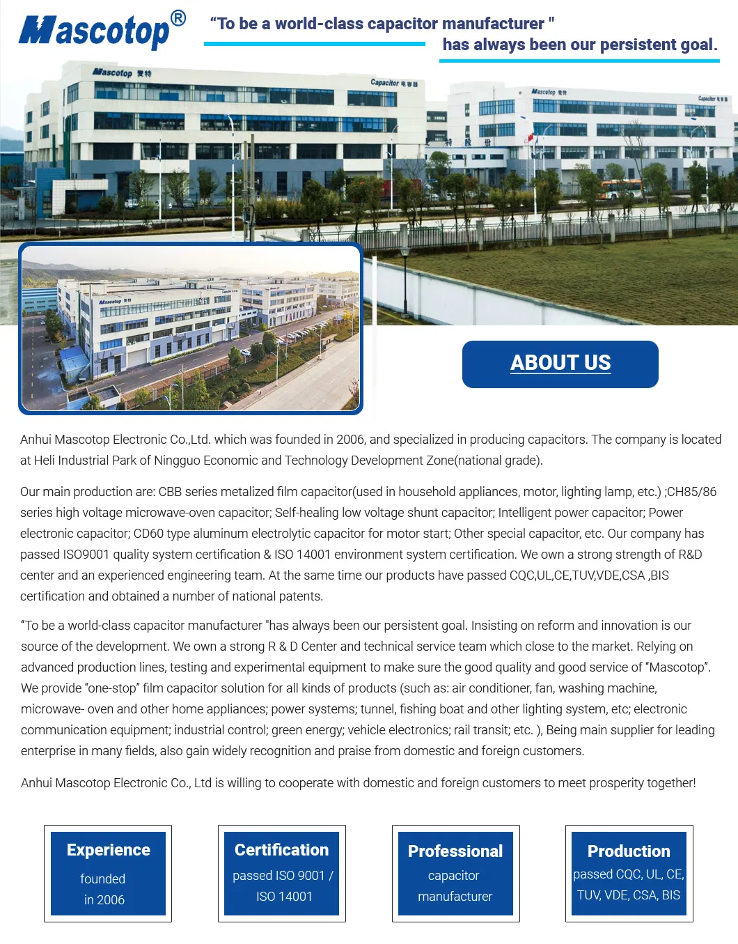 Cbb65 Anhui Mascotop UL Air Contioner Start Capacitor in Stock