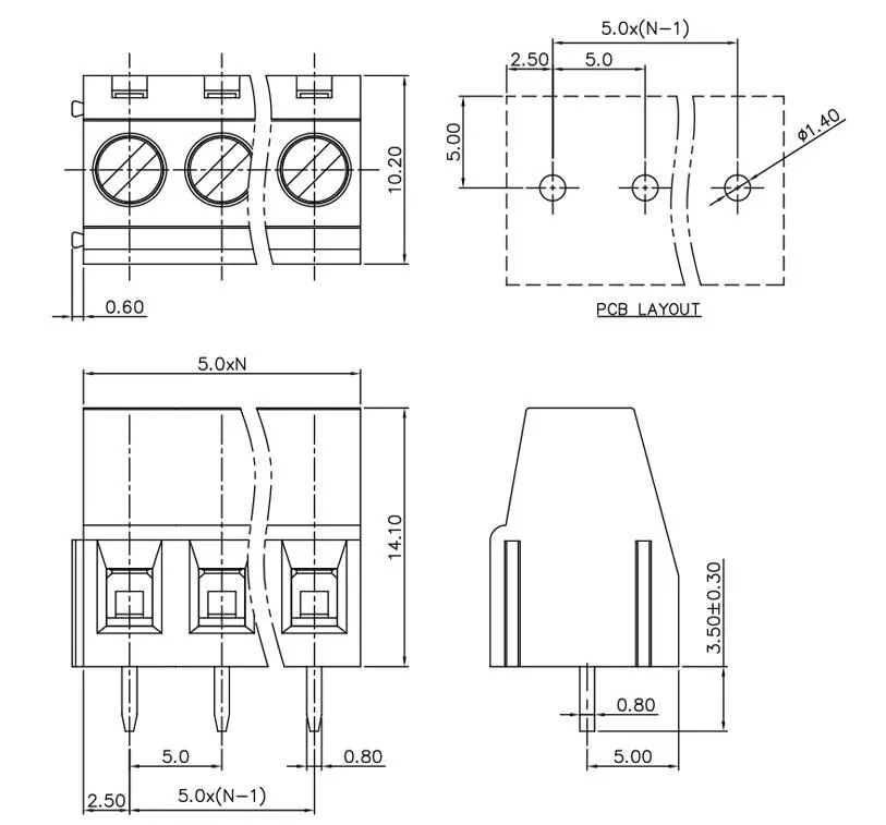 Connector Green Color 5.08mm Pitch 6 Ways Screw Terminal Block