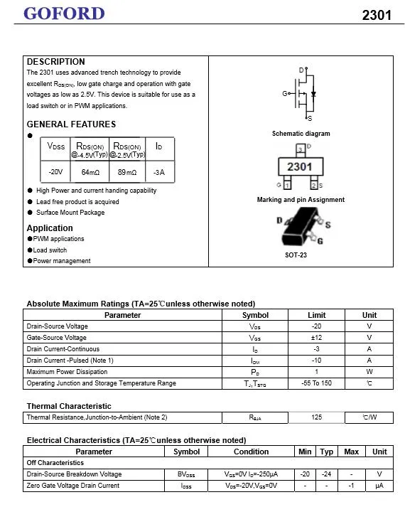 Discrete Component 2301 P Channel 20V 3A Mosfet for PWM Application