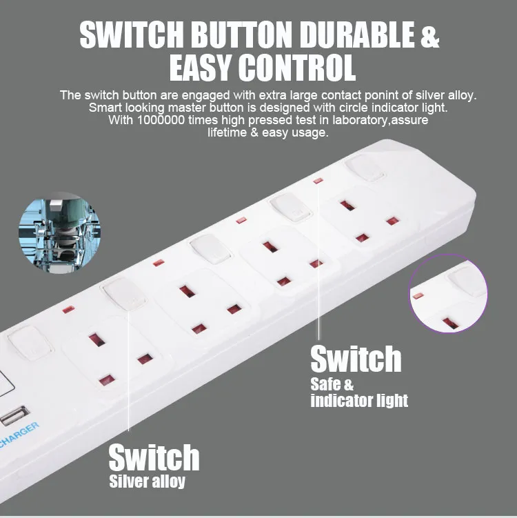 Dual USB Port 4 Outlet UK Extension Power Socket, Power Strip with Overload Protection