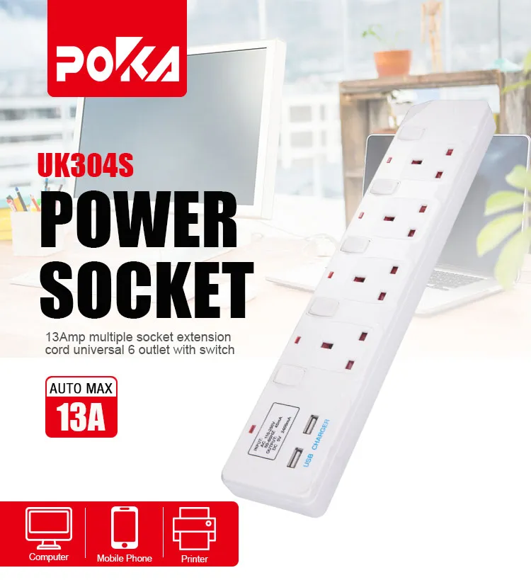 Dual USB Port 4 Outlet UK Extension Power Socket, Power Strip with Overload Protection