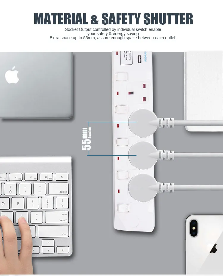 Dual USB Port 4 Outlet UK Extension Power Socket, Power Strip with Overload Protection