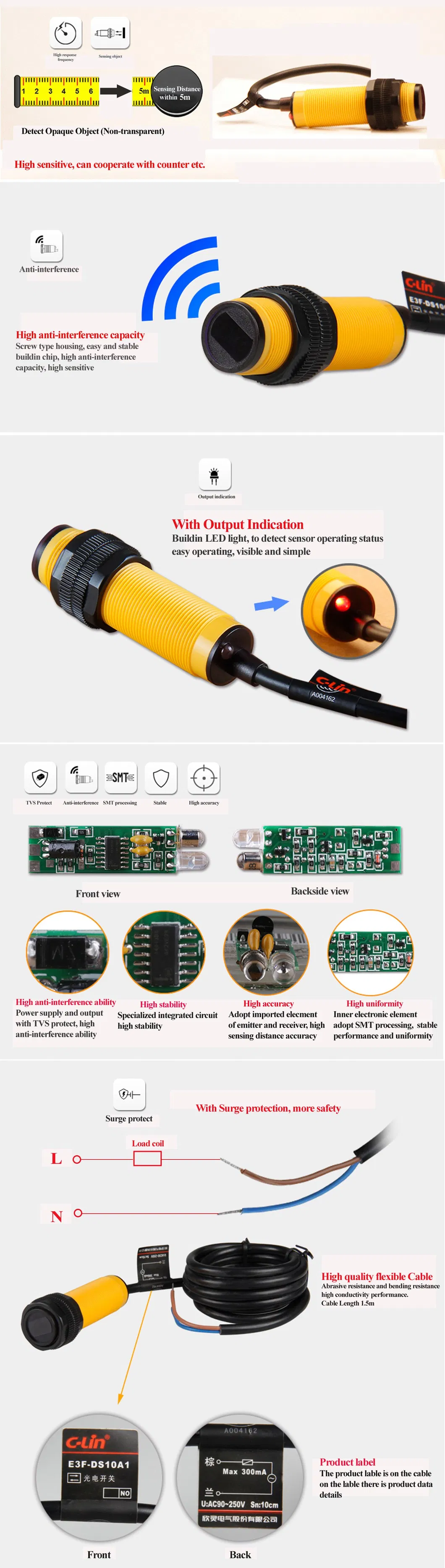 E3f-5b1 PNP Output Through Beam Type 5m Distance Plastic Photoelectric Sensor