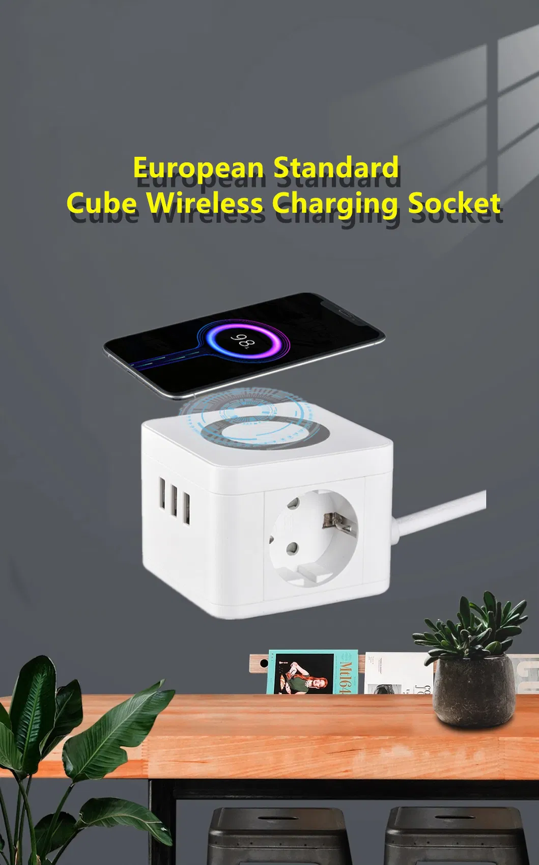 EU Standard Desktop Power Strips Extension Switched Socket with Wireless Charger