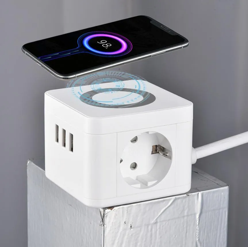 EU Standard Desktop Power Strips Extension Switched Socket with Wireless Charger
