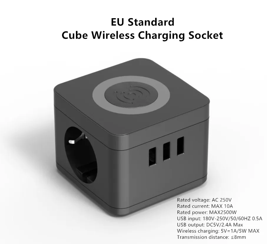 EU Standard Desktop Power Strips Extension Switched Socket with Wireless Charger