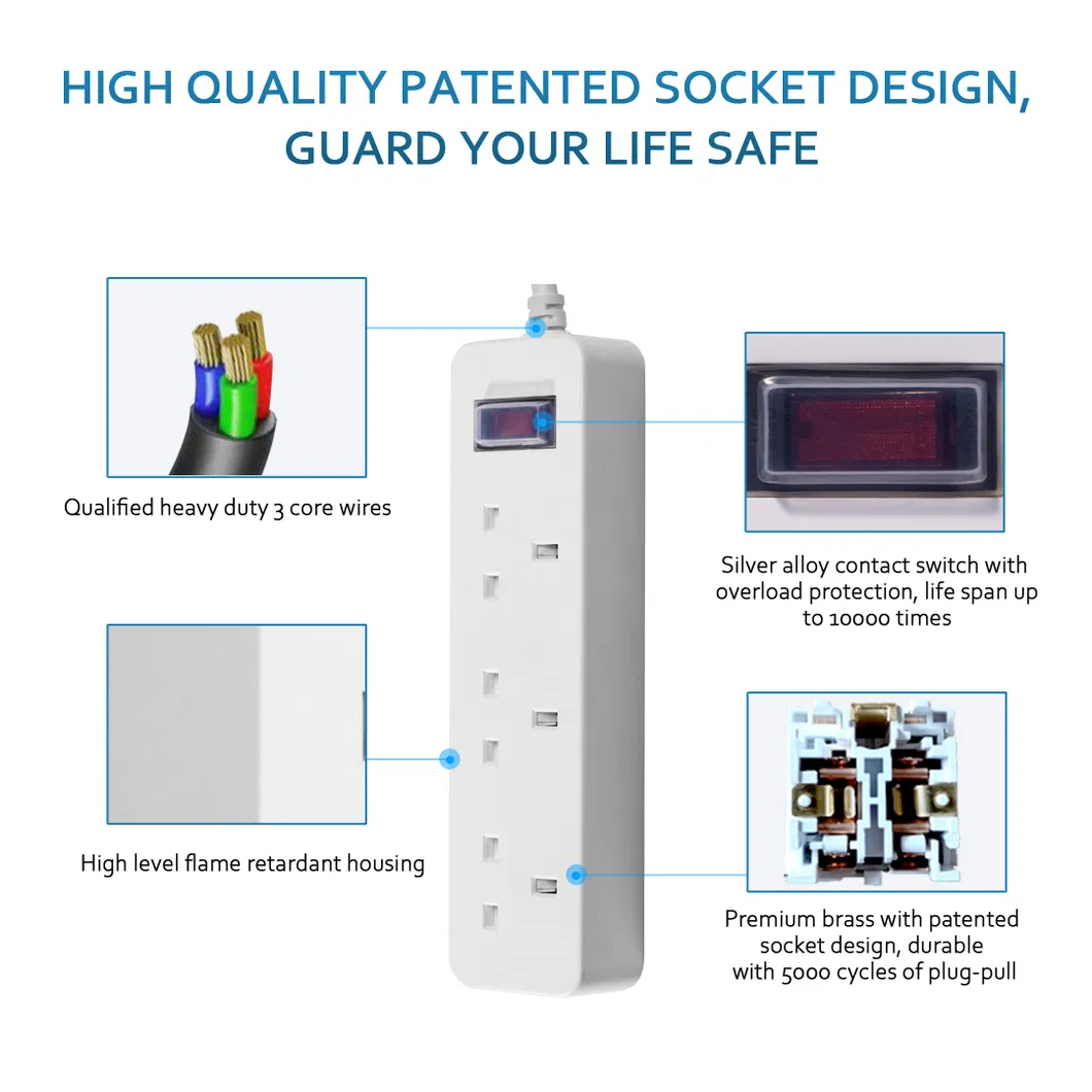 Factory Supply Extension Lead Anti Shock UK Overload Protection Extension Socket
