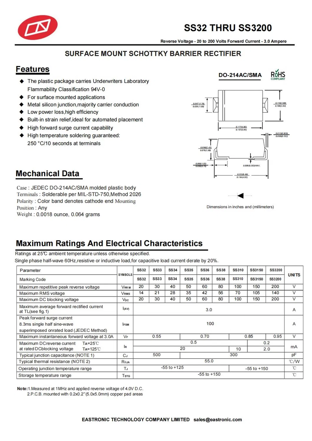 Good Quality Schottky Diode SS34 SMA(DO-214AC) 3A 40V Big Current