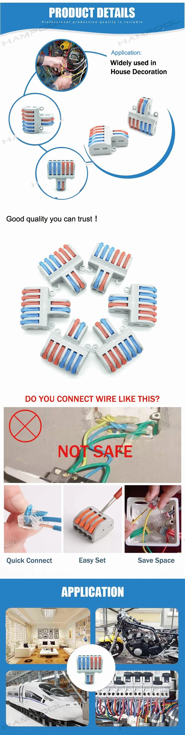 Hampool Good Quality Orange and Grey Quick Splicing Push in Wire Connector