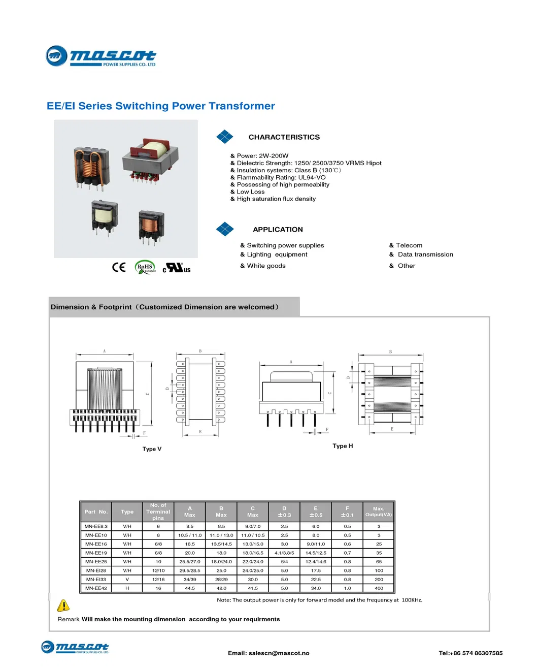 High Frequency Ee Series Ferrite Core Wound Components SMPS Transformer for Converter