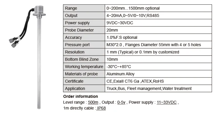 Holykell Capacitive Cuttable Fuel Tank Level Sensor 0-1m