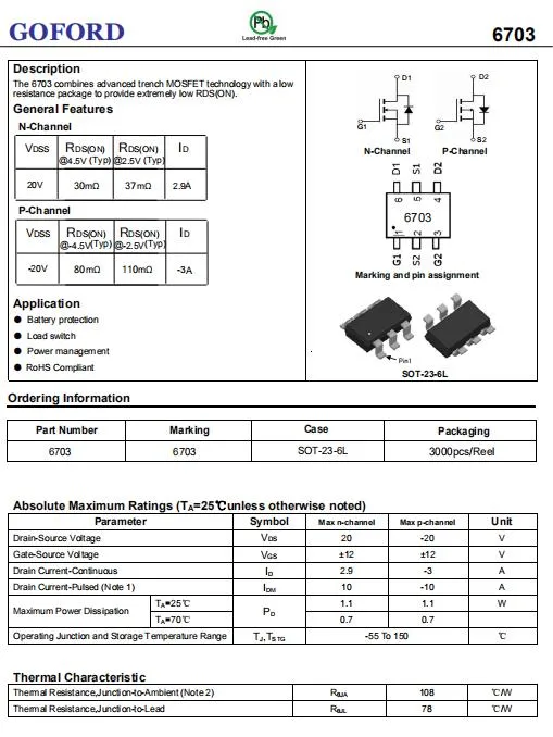 Hot Sale SMD Transistor 6703 Ao6604 Replacement 20V 3A Sot-23-6 N+P Mosfet