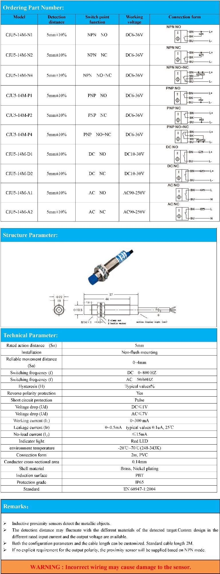 M14 Non-Flush Mounting Inductive Proximity Switch PNP NPN with Sensing Distance 5mm