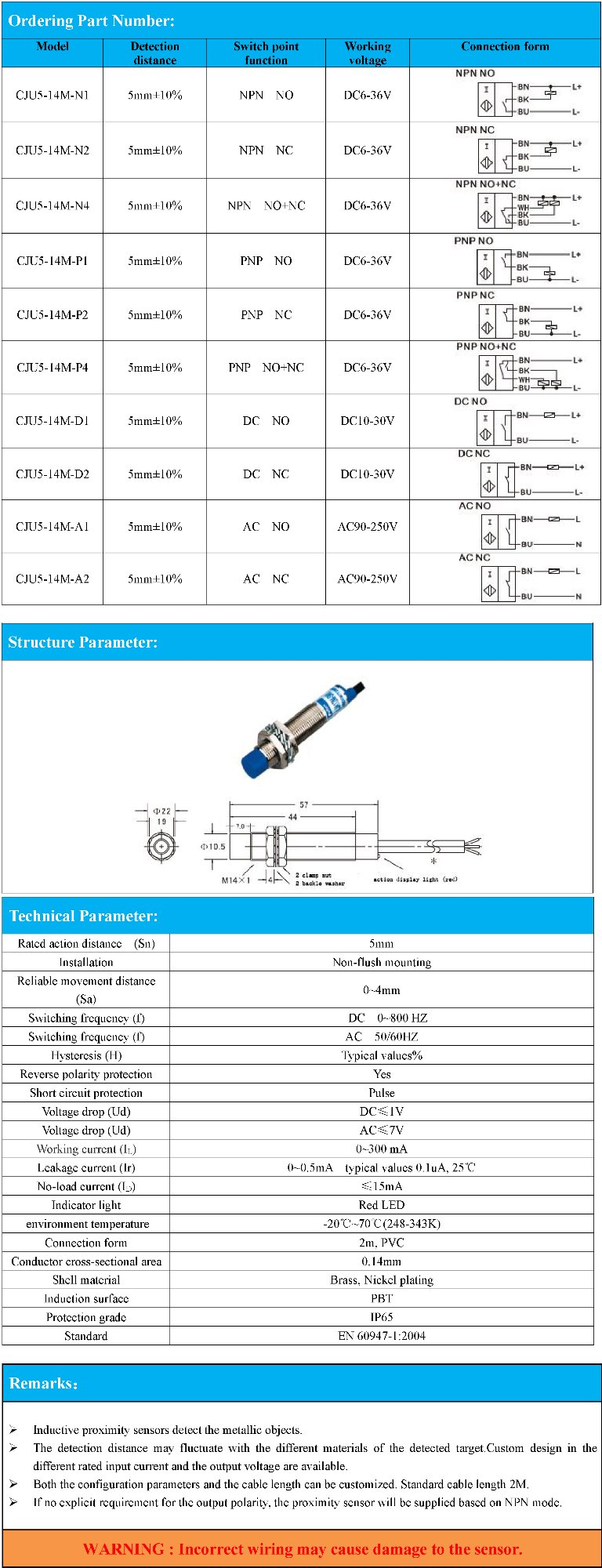 M14 Non-Flush Mounting Inductive Proximity Switch PNP NPN with Sensing Distance 5mm