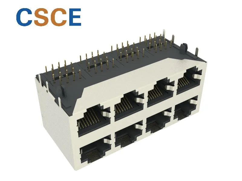 Multi-Layer 2X4 Ports 8p Stacked RJ45 Modular PCB Socket Connector with Shield