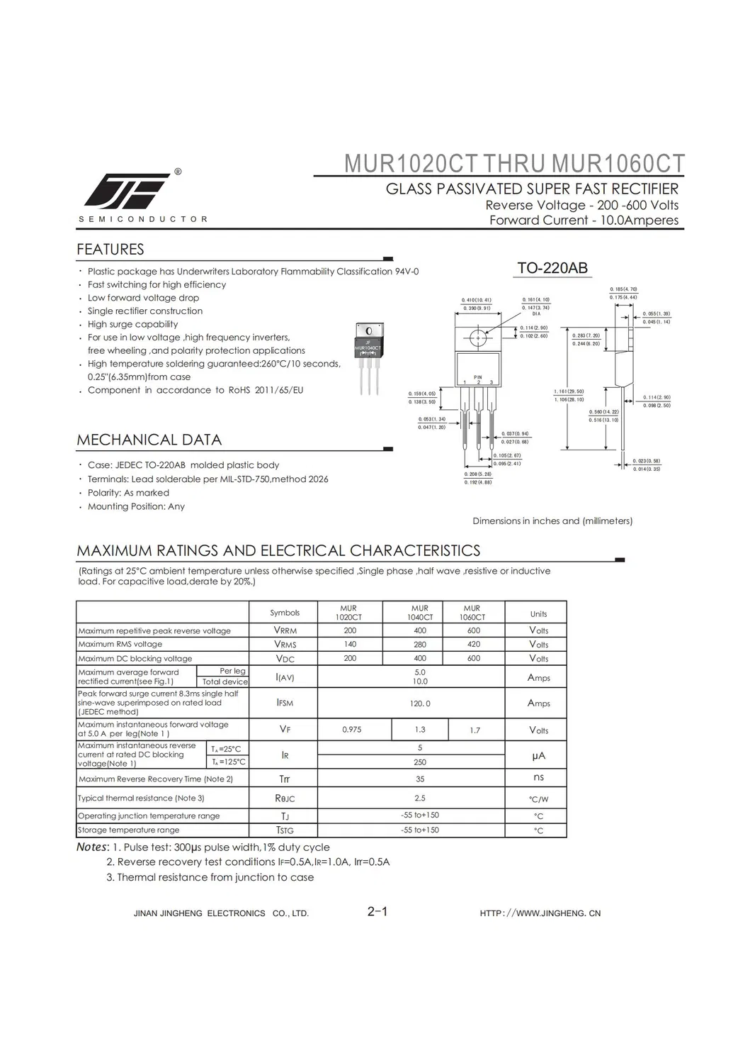 MURF1020CT/MURF1030CT/MURF1040CT/MURF1060CT SUPER FAST RECTIFIER WITH ITO-220AB CASE