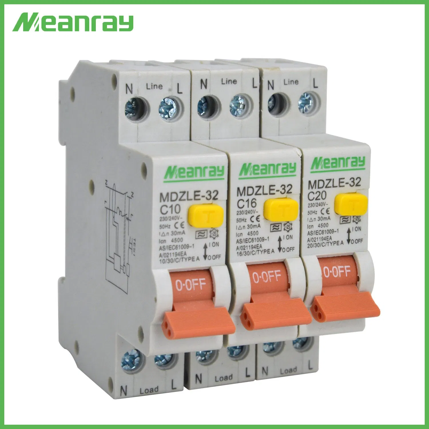 New Zealand or Australia Single Pole Model 2p 4.5ka 20A RCBO 30mA with SAA