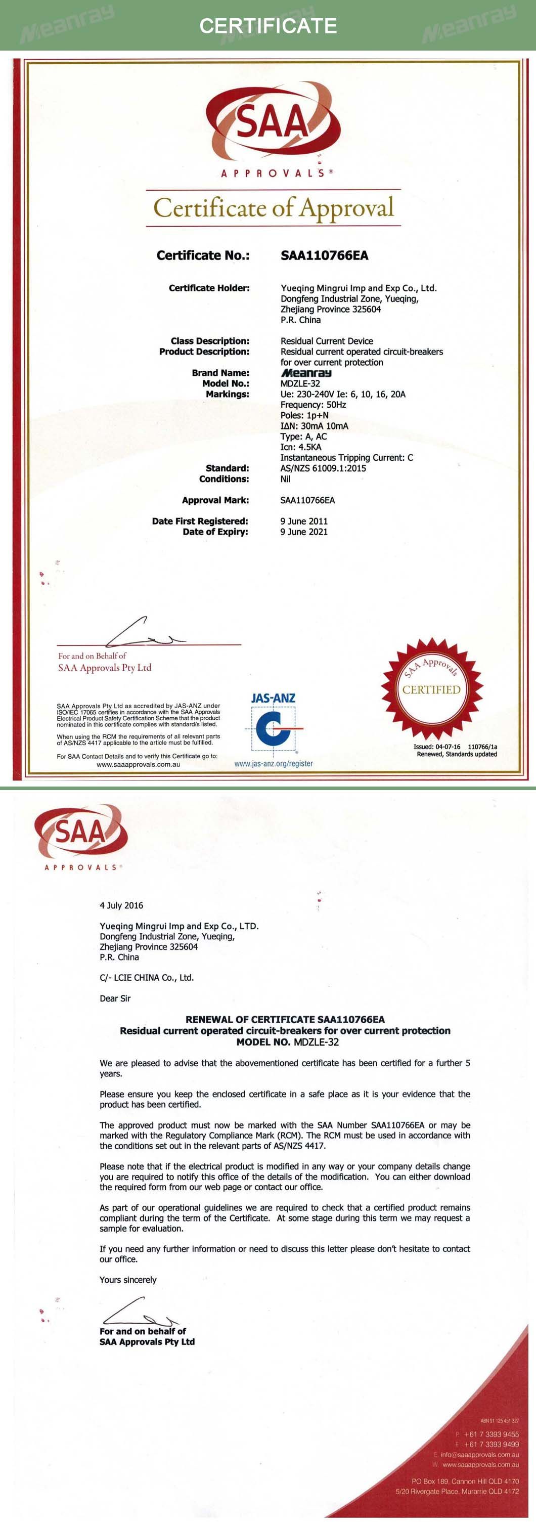 New Zealand or Australia Single Pole Model 2p 4.5ka 20A RCBO 30mA with SAA