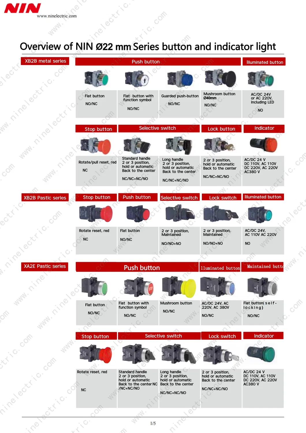 Nin Xb4-Bg65 22mm Metal 2 Position No+Nc Push Button Key Stay Put Selector Key Switch
