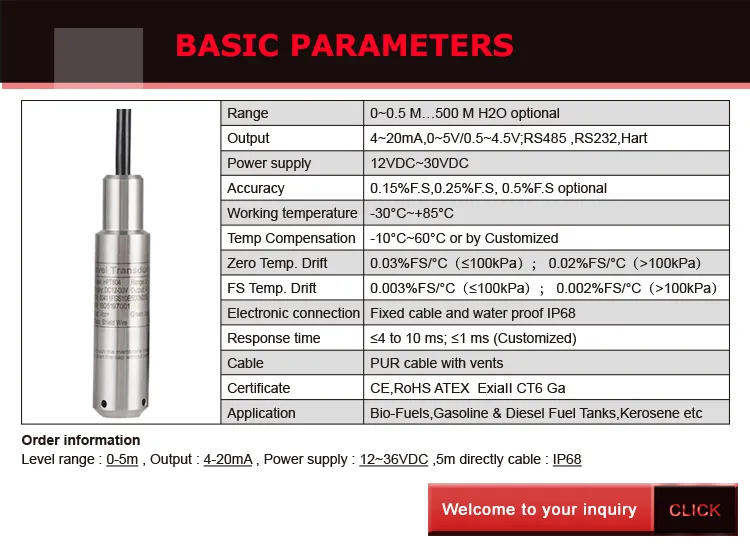 OEM RS485 Digital Output Calibration Density Fuel Oil Tanks Submersible Level Sensor