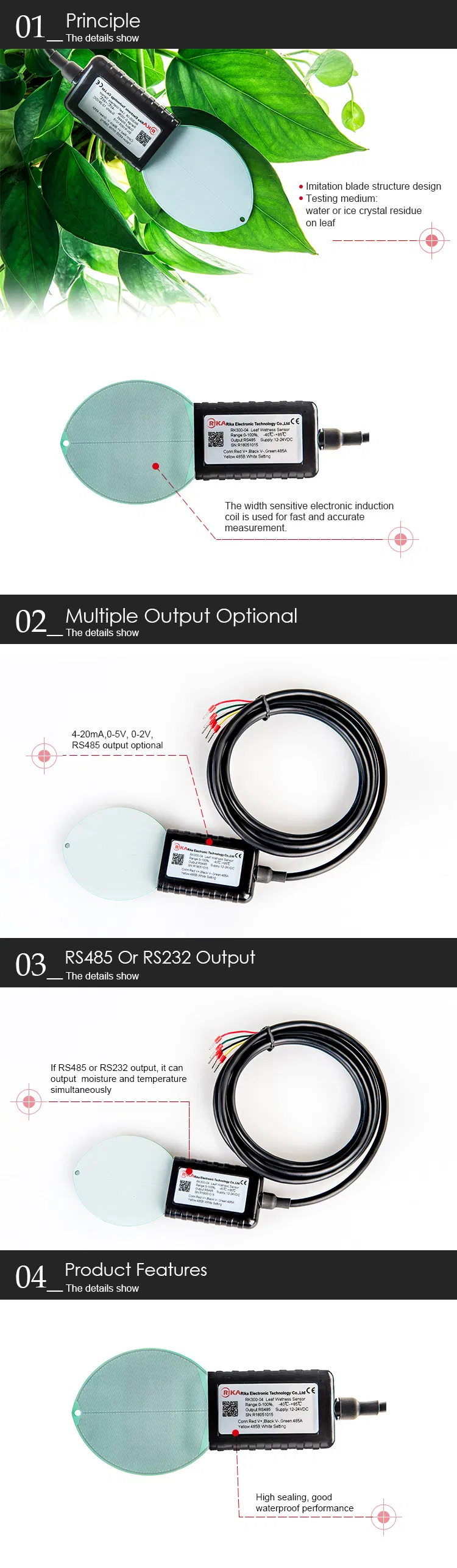 Rika Rk300-04 Online Plant Foliar Moisture / Humidity / Wetness Sensor 0-2V, 4-20mA, RS485