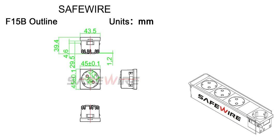 Screwless 45X45mm EU Socket Module Angle Schuko Socket/Electrical Outlet with Connector