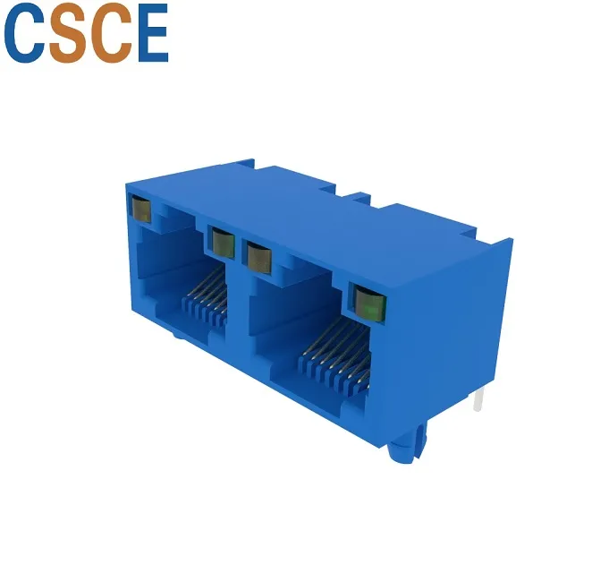 Side Entry One Body 1X2 Port RJ45 PCB Connector with LED, Unshield Tab up 2ports 8p Female RJ45 Modular PCB Jack Socket with Right Angle