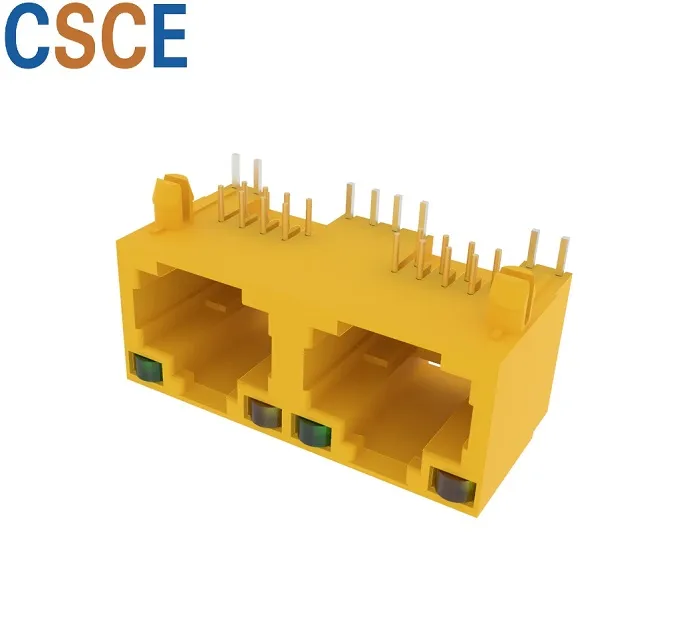 Side Entry One Body 1X2 Port RJ45 PCB Connector with LED, Unshield Tab up 2ports 8p Female RJ45 Modular PCB Jack Socket with Right Angle